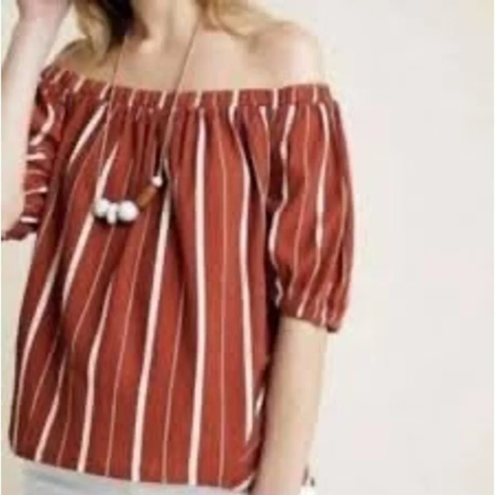 Anthropologie‎ Rust Orange White Striped Off the Shoulder Puff Sleeve Top Large